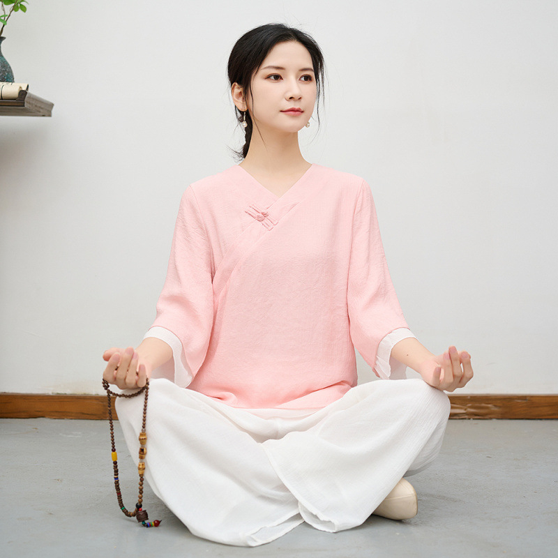 Dviejų dalių Kinijos stiliaus zen šokių komplektas vasarai – kanapių audinys su poliesterio mišiniu, medvilninė siuvimas, zen meditacijai ir Tai Chi drabužiai, prekės kodas 90499112