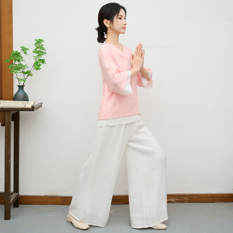 Dviejų dalių Kinijos stiliaus zen šokių komplektas vasarai – kanapių audinys su poliesterio mišiniu, medvilninė siuvimas, zen meditacijai ir Tai Chi drabužiai, prekės kodas 90499112