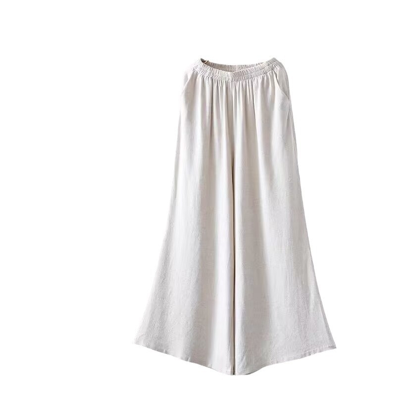 Дамски костюм от две части в етно-дзен стил: конопено-памучна смес с полиестер под 30%, висока температурна оформяща обработка, подходящ за сценични изпълнения, есен 2024