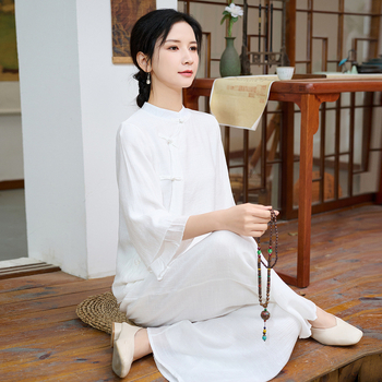 Set costum ceai în stil chinezesc, top cu nasturi și pantaloni largi, amestec cânepă-pamuk, cataramă disc, ansamblu de yoga din două piese, vara 2025