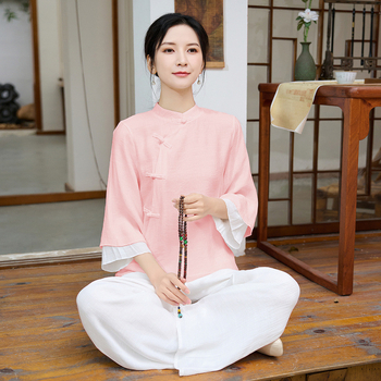 Set costum ceai în stil chinezesc, top cu nasturi și pantaloni largi, amestec cânepă-pamuk, cataramă disc, ansamblu de yoga din două piese, vara 2025