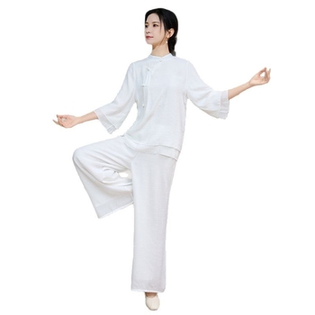 Set costum ceai în stil chinezesc, top cu nasturi și pantaloni largi, amestec cânepă-pamuk, cataramă disc, ansamblu de yoga din două piese, vara 2025