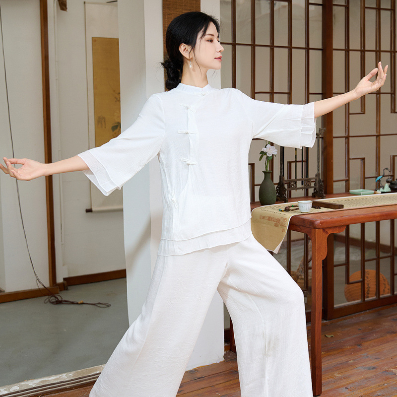 Set costum ceai în stil chinezesc, top cu nasturi și pantaloni largi, amestec cânepă-pamuk, cataramă disc, ansamblu de yoga din două piese, vara 2025