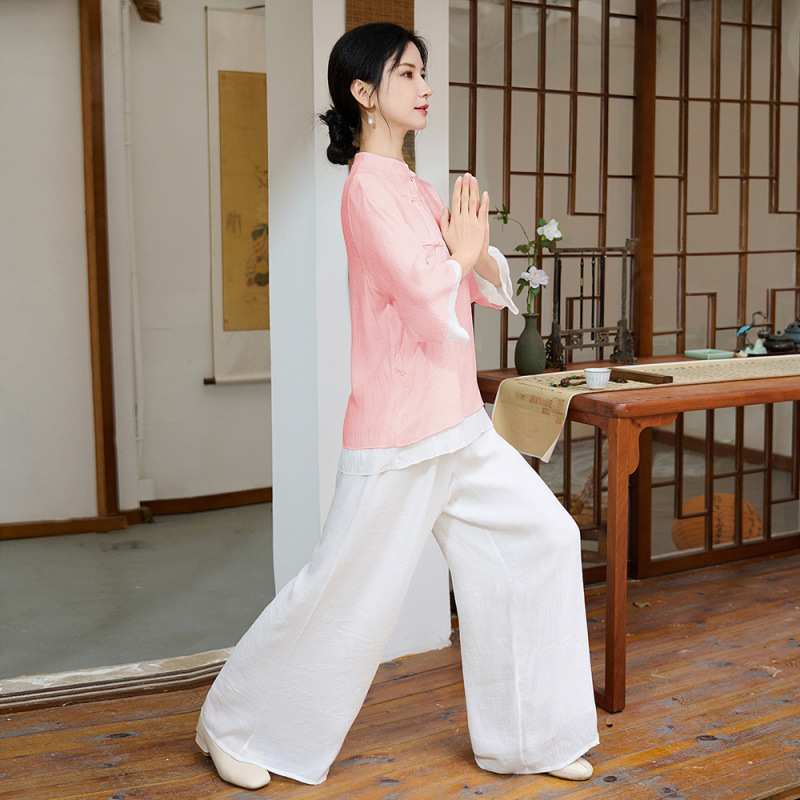 Set costum ceai în stil chinezesc, top cu nasturi și pantaloni largi, amestec cânepă-pamuk, cataramă disc, ansamblu de yoga din două piese, vara 2025