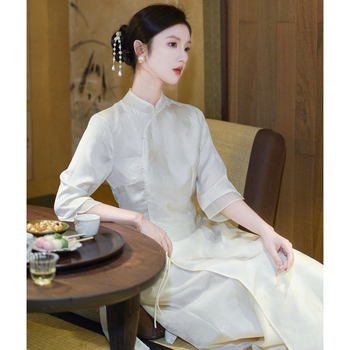 Qipao kleita, ķīniešu zen stils, vasaras modelis, 3/4 piedurknes, diskveida pogu detaļa, kods Miaomiao-9869