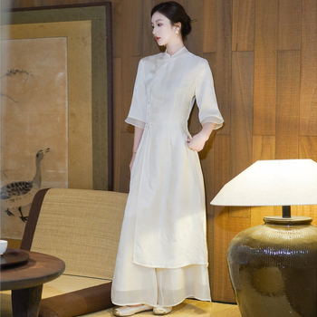 Qipao kleita, ķīniešu zen stils, vasaras modelis, 3/4 piedurknes, diskveida pogu detaļa, kods Miaomiao-9869