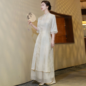 Qipao kleita, ķīniešu zen stils, vasaras modelis, 3/4 piedurknes, diskveida pogu detaļa, kods Miaomiao-9869