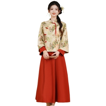 Top inspiriran Cheongsam s Han elementima, stil Republike Kine, jesen-zimska odjeća za čajnu ceremoniju, mješavina pamuka i poliestera, glavna tkanina: poliester, udjel glavne tkanine <30%