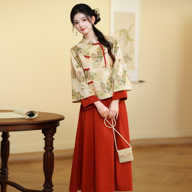 Top inspiriran Cheongsam s Han elementima, stil Republike Kine, jesen-zimska odjeća za čajnu ceremoniju, mješavina pamuka i poliestera, glavna tkanina: poliester, udjel glavne tkanine <30%