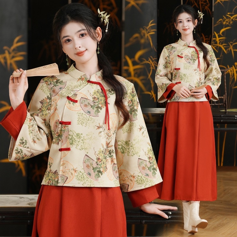 Top inspiriran Cheongsam s Han elementima, stil Republike Kine, jesen-zimska odjeća za čajnu ceremoniju, mješavina pamuka i poliestera, glavna tkanina: poliester, udjel glavne tkanine <30%