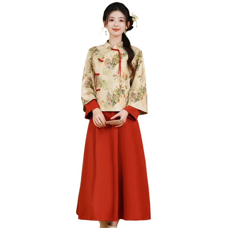 Top inspiriran Cheongsam s Han elementima, stil Republike Kine, jesen-zimska odjeća za čajnu ceremoniju, mješavina pamuka i poliestera, glavna tkanina: poliester, udjel glavne tkanine <30%