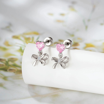 Hensen Jewelry Висулка за ушно пробиване — сърцевиден циркон, форма лък, бели кристали, електроплакиран метал