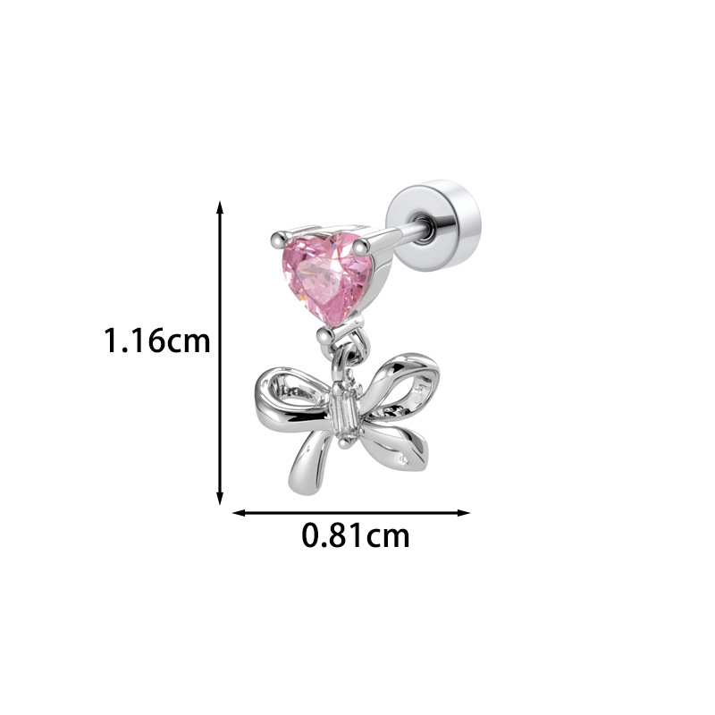 Hensen Jewelry Висулка за ушно пробиване — сърцевиден циркон, форма лък, бели кристали, електроплакиран метал