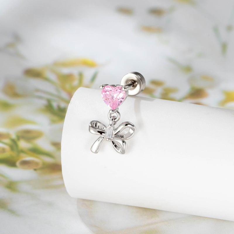 Hensen Jewelry Висулка за ушно пробиване — сърцевиден циркон, форма лък, бели кристали, електроплакиран метал