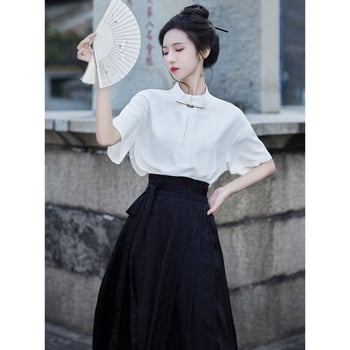 Ханфу комплект за лято 2023: жакардова пола Horse-faced и топ с стояща яка, къс ръкав, полиестер