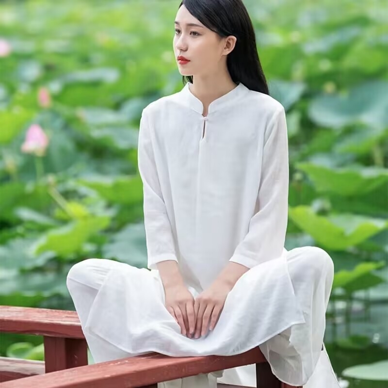 Zen inspirirana midi haljina od pamuka i lana, 95% pamuka, <30% poliester, pogodna za jogu, čaj i tai chi na pozornici