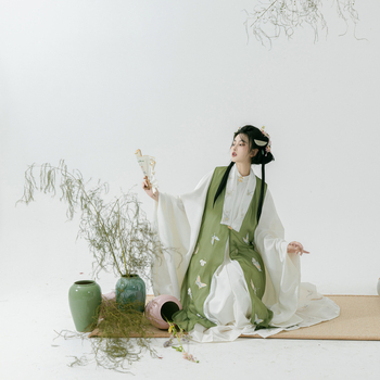 Set Hanfu feminin în stil Ming: palton lung de primăvară, cheongsam cu închidere frontală și fustă cu Horse-Face – imprimeu poliester, 90–95% țesătură, codul 058, primăvara 2022