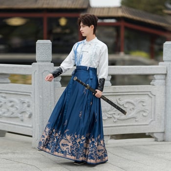 Hanfu stil unisex skup za parove: suknja s panel dizajnom u ambijentu starog borilačkog stila; glavni materijal: koža koze; vlakno: pamuk