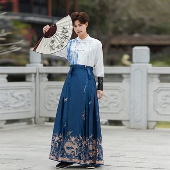 Hanfu stil unisex skup za parove: suknja s panel dizajnom u ambijentu starog borilačkog stila; glavni materijal: koža koze; vlakno: pamuk