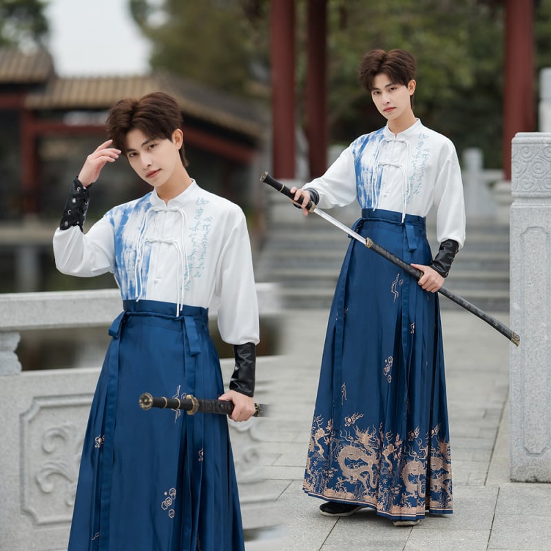 Hanfu stil unisex skup za parove: suknja s panel dizajnom u ambijentu starog borilačkog stila; glavni materijal: koža koze; vlakno: pamuk