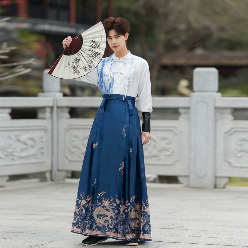 Hanfu stil unisex skup za parove: suknja s panel dizajnom u ambijentu starog borilačkog stila; glavni materijal: koža koze; vlakno: pamuk