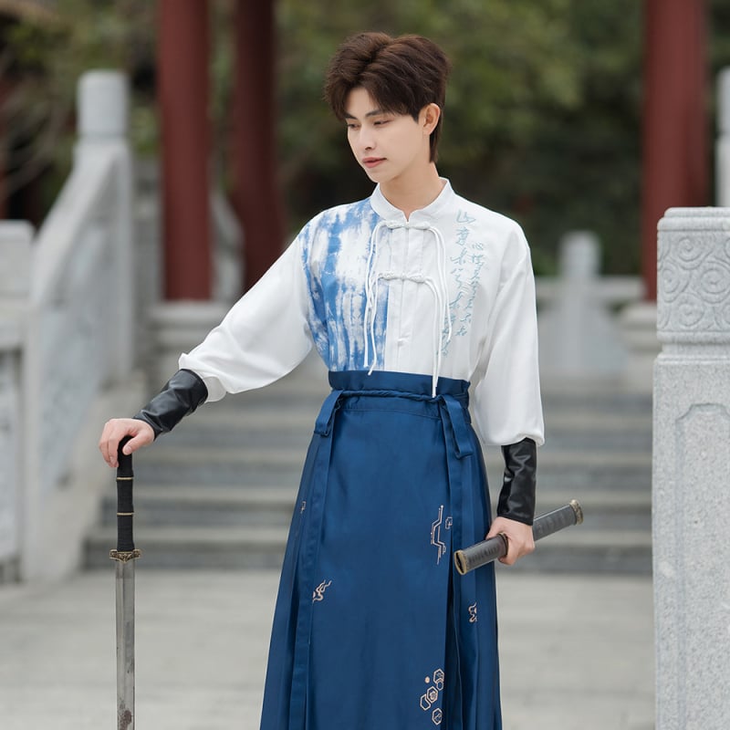 Hanfu stil unisex skup za parove: suknja s panel dizajnom u ambijentu starog borilačkog stila; glavni materijal: koža koze; vlakno: pamuk
