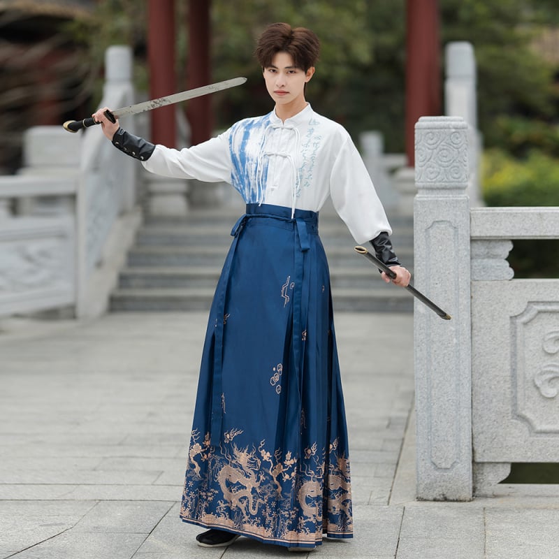 Hanfu stil unisex skup za parove: suknja s panel dizajnom u ambijentu starog borilačkog stila; glavni materijal: koža koze; vlakno: pamuk
