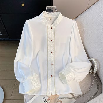 Cămașă de jacquard cu mânecă lungă, guler înalt și nasturi-nod – Jiangnan, poliester, conținut poliester 70–80%, primăvara 2025