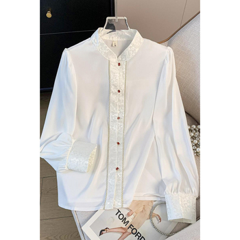 Cămașă de jacquard cu mânecă lungă, guler înalt și nasturi-nod – Jiangnan, poliester, conținut poliester 70–80%, primăvara 2025