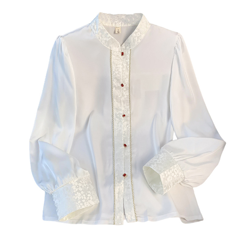 Cămașă de jacquard cu mânecă lungă, guler înalt și nasturi-nod – Jiangnan, poliester, conținut poliester 70–80%, primăvara 2025