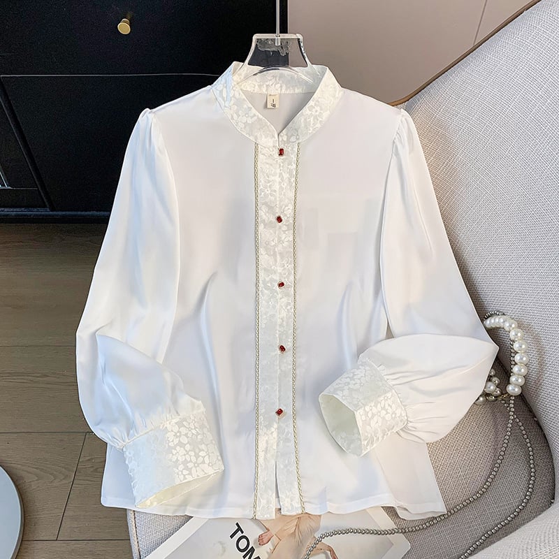 Cămașă de jacquard cu mânecă lungă, guler înalt și nasturi-nod – Jiangnan, poliester, conținut poliester 70–80%, primăvara 2025