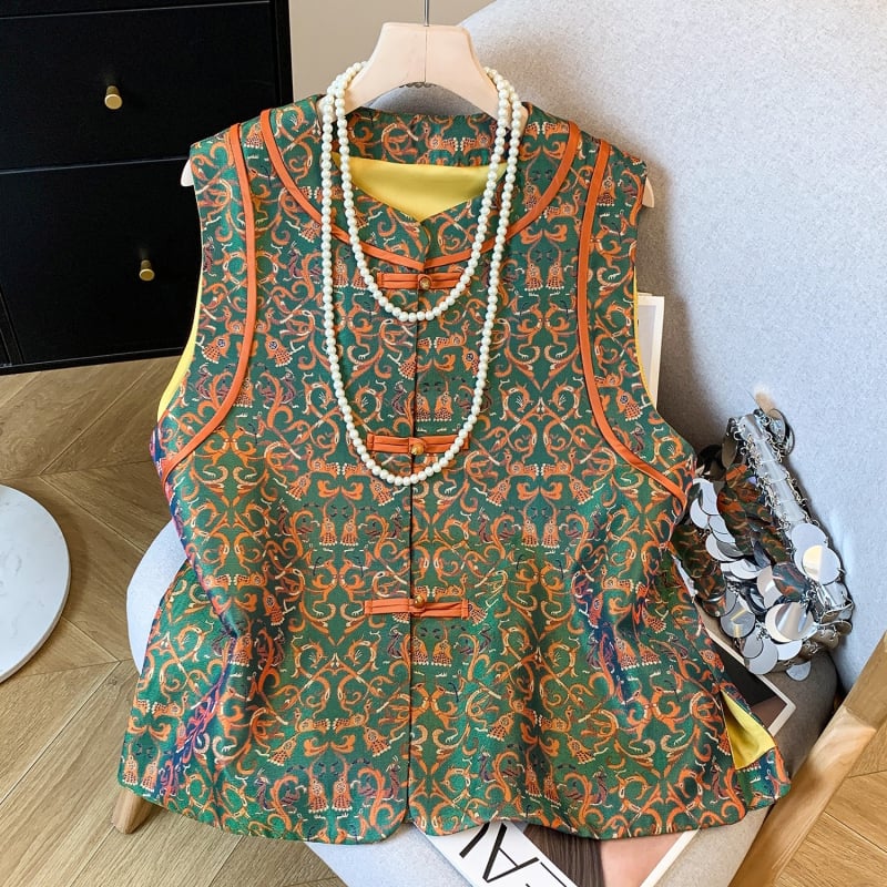 Ženski satenski žakardni kardigan-vest u Old Money stilu, retro etnički dizajn, inspiriran kineskim dizajnom