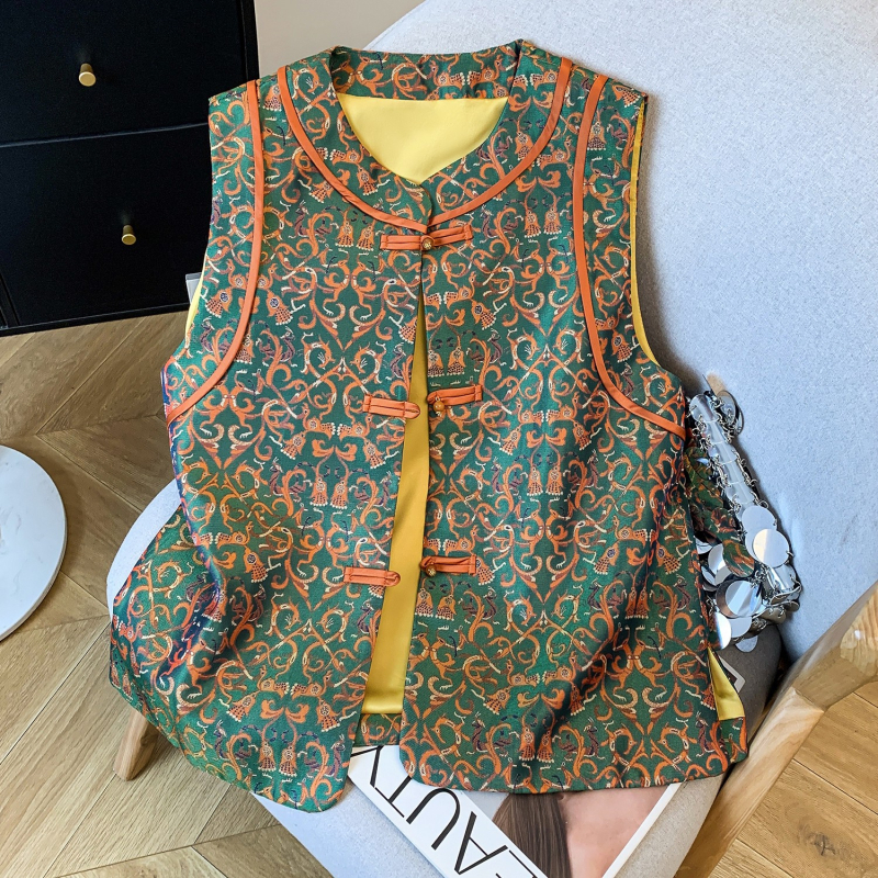 Ženski satenski žakardni kardigan-vest u Old Money stilu, retro etnički dizajn, inspiriran kineskim dizajnom