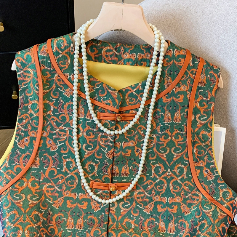 Ženski satenski žakardni kardigan-vest u Old Money stilu, retro etnički dizajn, inspiriran kineskim dizajnom