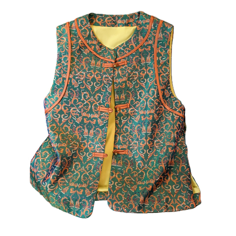 Ženski satenski žakardni kardigan-vest u Old Money stilu, retro etnički dizajn, inspiriran kineskim dizajnom