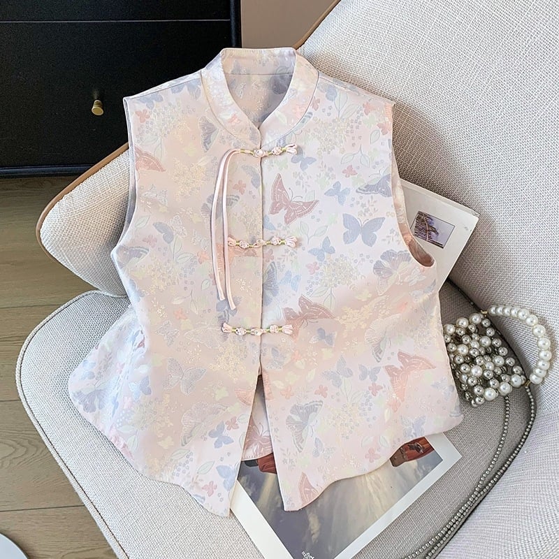 Ženski jacquard vest kardigan s uzorkom biljnih cvjetova, mali stojeći ovratnik, resice s gumbima; pamučna pređa; glavna tkanina: kozja koža; model Hyun nishi-8706