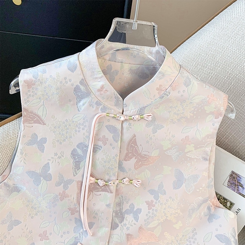 Ženski jacquard vest kardigan s uzorkom biljnih cvjetova, mali stojeći ovratnik, resice s gumbima; pamučna pređa; glavna tkanina: kozja koža; model Hyun nishi-8706