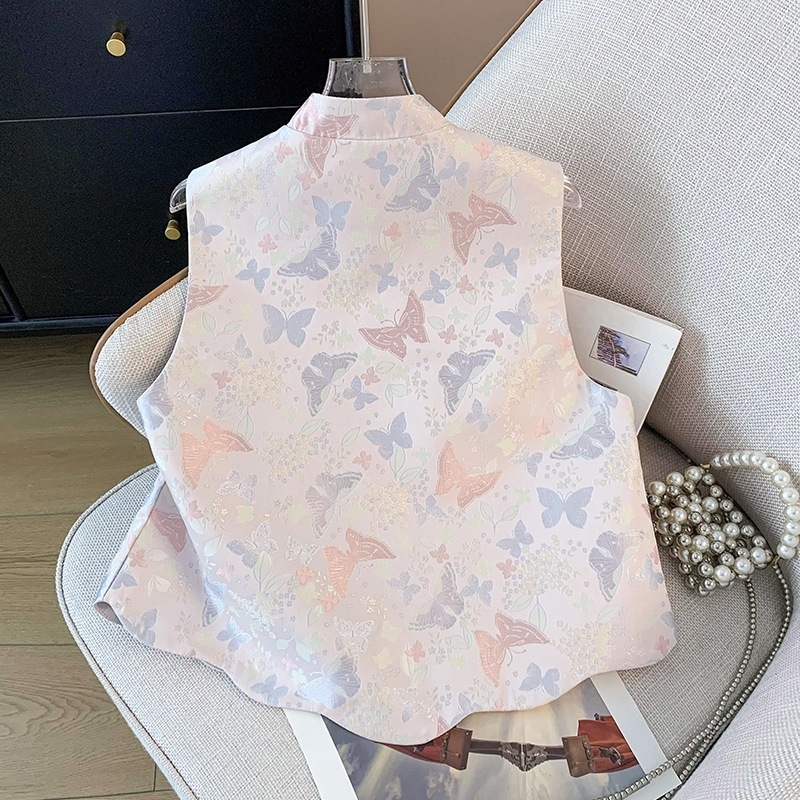 Ženski jacquard vest kardigan s uzorkom biljnih cvjetova, mali stojeći ovratnik, resice s gumbima; pamučna pređa; glavna tkanina: kozja koža; model Hyun nishi-8706