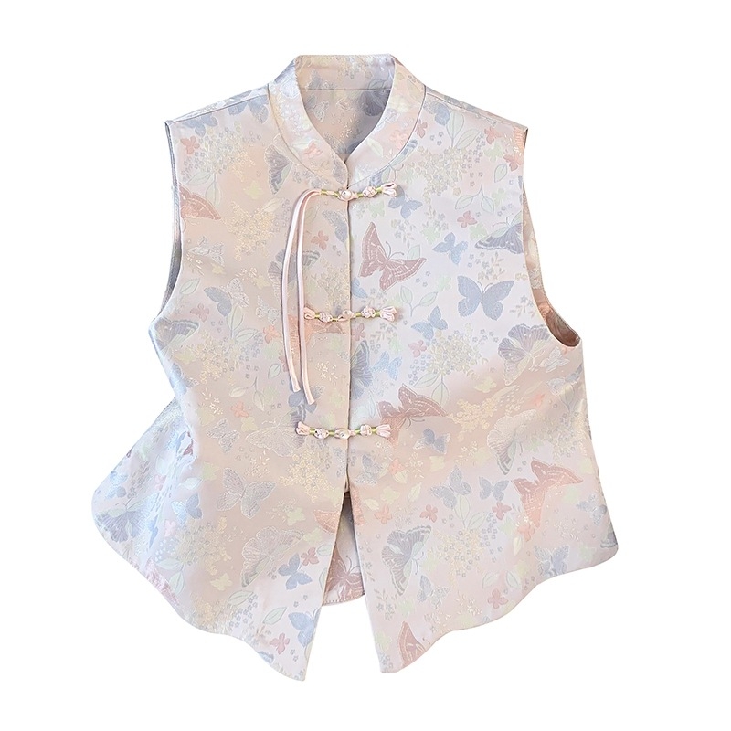 Ženski jacquard vest kardigan s uzorkom biljnih cvjetova, mali stojeći ovratnik, resice s gumbima; pamučna pređa; glavna tkanina: kozja koža; model Hyun nishi-8706