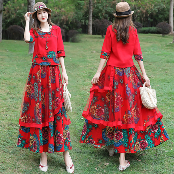 Sieviešu divdaļīgs komplekts ar druku | Zīmols: Xili Poems; Audums: kokvilna un lina; Galvenā auduma sastāvs: kokvilna; Otra galvenā auduma sastāvs: kaņepes; Ražošanas tehnika: drukāšana