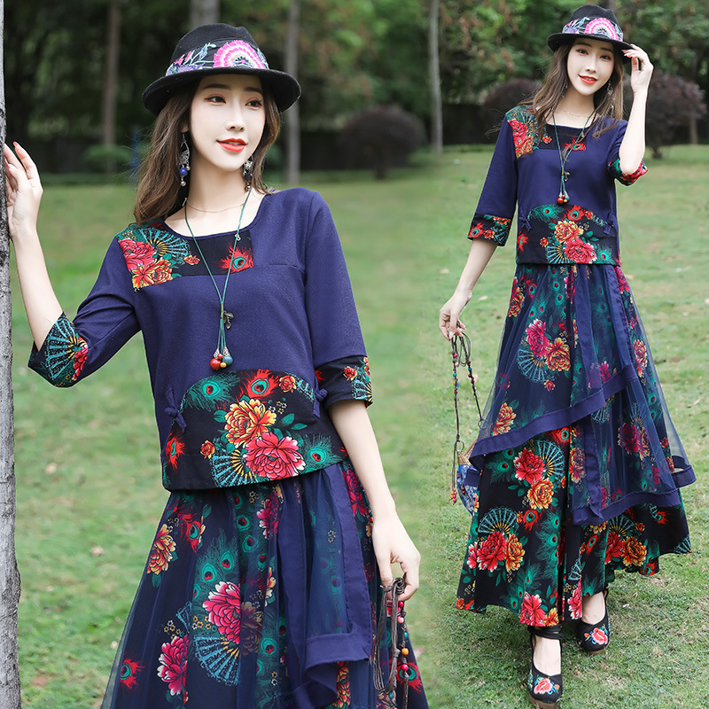 Sieviešu divdaļīgs komplekts ar druku | Zīmols: Xili Poems; Audums: kokvilna un lina; Galvenā auduma sastāvs: kokvilna; Otra galvenā auduma sastāvs: kaņepes; Ražošanas tehnika: drukāšana