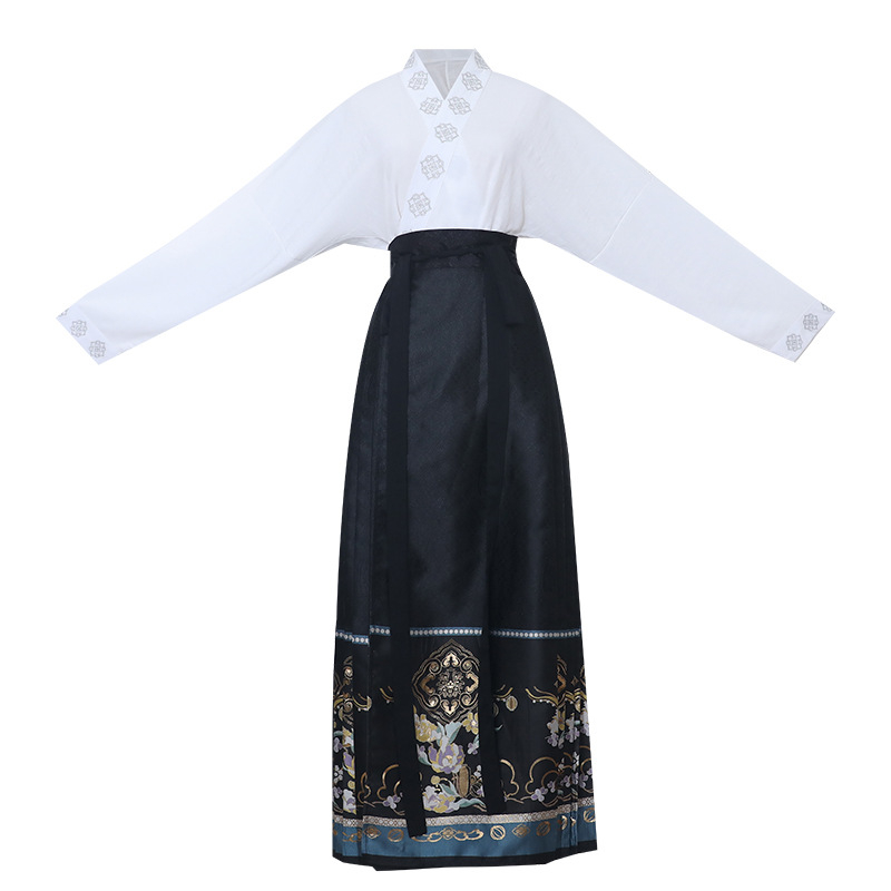 Hanfu set za žene: top s cvjetnim vezom u Ming stilu i suknja, ljetni model 2024, poliester, glavni sastav <30%, s etiketom na ovratnik i visećom etiketom