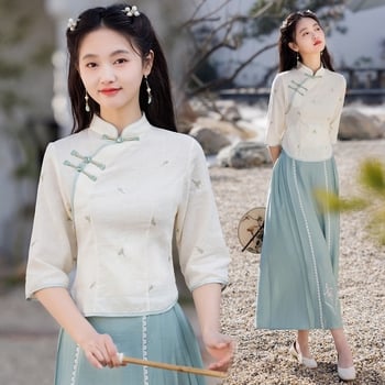 Costum Tang cu mâneci medii, set brodat în stil Cheongsam Hanfu pentru studenți; țesătură: fir de bumbac; țesătură principală: poliester; conținut țesătură principală <30%; model universal; cod produs Hyun nishi-8693/8685