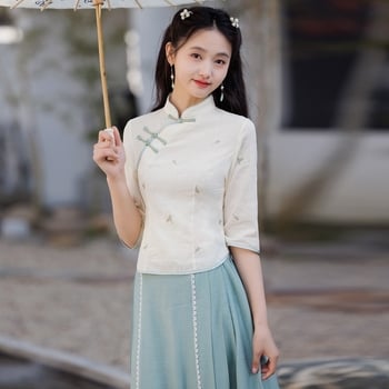 Costum Tang cu mâneci medii, set brodat în stil Cheongsam Hanfu pentru studenți; țesătură: fir de bumbac; țesătură principală: poliester; conținut țesătură principală <30%; model universal; cod produs Hyun nishi-8693/8685