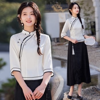 Cheongsam-stílusú ruha és fél szoknya készlet művészi hímzéssel; anyag: pamutszál; fő anyag: poliészter; poliészter tartalom kevesebb mint 30%; univerzális modell