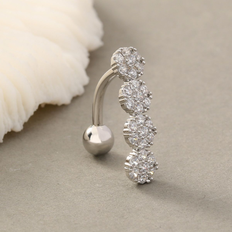 Пъпно украшение със слънчогледов дизайн, неръждаема стомана, мед и циркон, естествен унисекс стил, възможна персонализация.