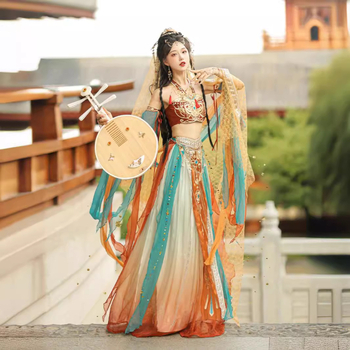 Letný Hanfu set s etnickým štýlom inšpirovaný Dunhuanom a západným regiónom; chenille tkanina, hlavný materiál: elastan <30%, koža kozy ako detail; leto 2024