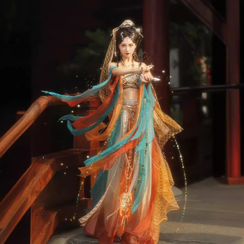 Letný Hanfu set s etnickým štýlom inšpirovaný Dunhuanom a západným regiónom; chenille tkanina, hlavný materiál: elastan <30%, koža kozy ako detail; leto 2024