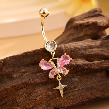 Пъпна украса от сплав, прост дамски стил, висулка с пеперуда и цирконови кристали, персонализирана обработка, самостоятелна опаковка