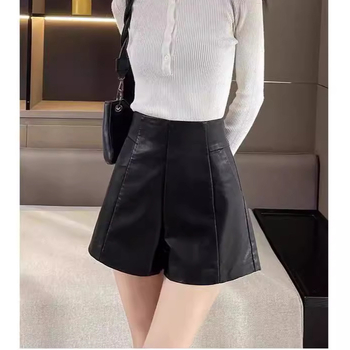 PU δερμάτινα σορτς με ψηλή μέση, τσέπες, αόρατο φερμουάρ, Α‑γραμμή για φθινοπωρινό-χειμερινό στυλ